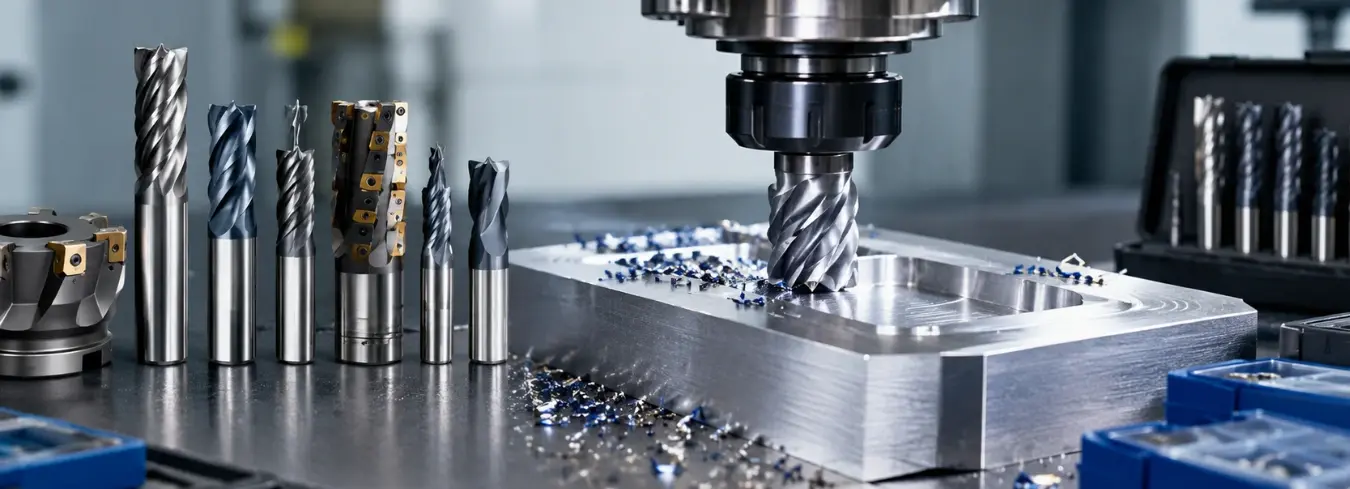 Milling cutter machining metal workpiece with various cutting tools in a workshop.