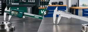 INSIZE digital and vernier calipers side by side on a workshop bench, comparing their digital display and manual measurement scale.
