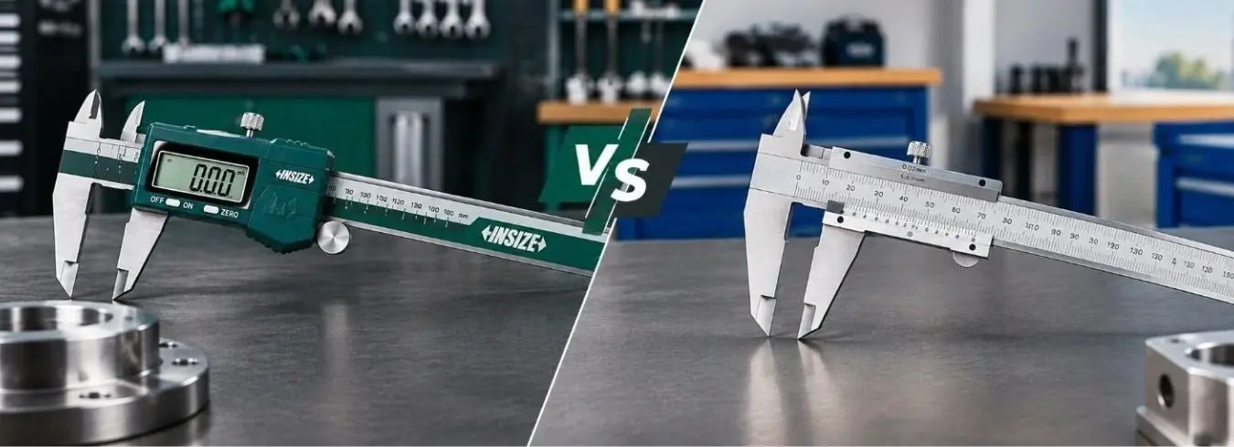 INSIZE digital and vernier calipers side by side on a workshop bench, comparing their digital display and manual measurement scale.